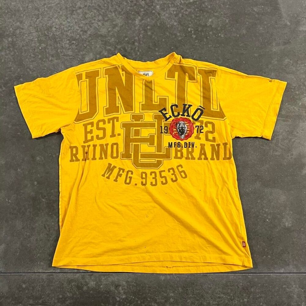 Ecko Unltd Rhino Brand Yellow All Over Graphic V-Neck T-Shirt